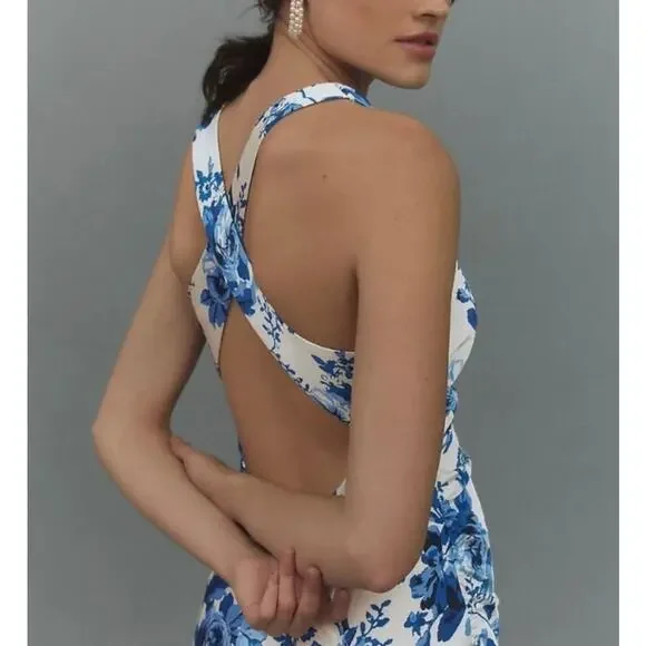 NEW BHLDN Mariella High-Neck Satin Maxi Dress in Blue Floral Size 12 - Picture 2 of 12